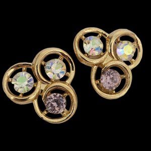 Crown Trifari Clip On Earrings AB Crystals Gold Tone Circle Vintage 1950s